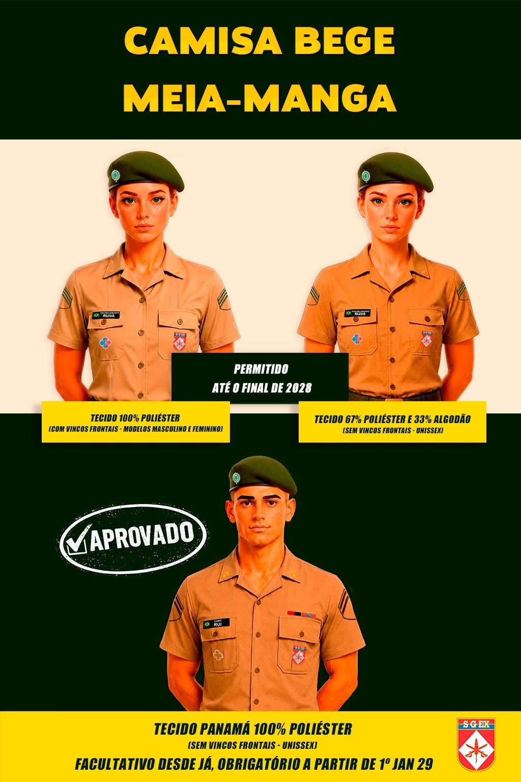 Uniforme Exército: Camisa meia manga bege masculina MODELO ANTIGO