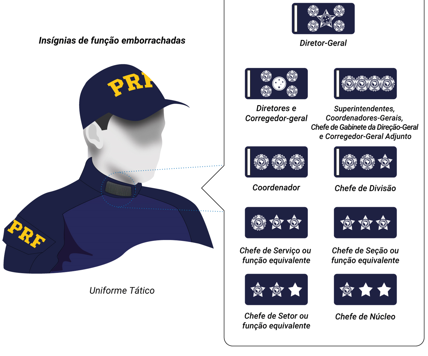 Distintivos PRF emborrachados: INSÍGNIAS DE FUNÇÃO (HIERARQUIA)