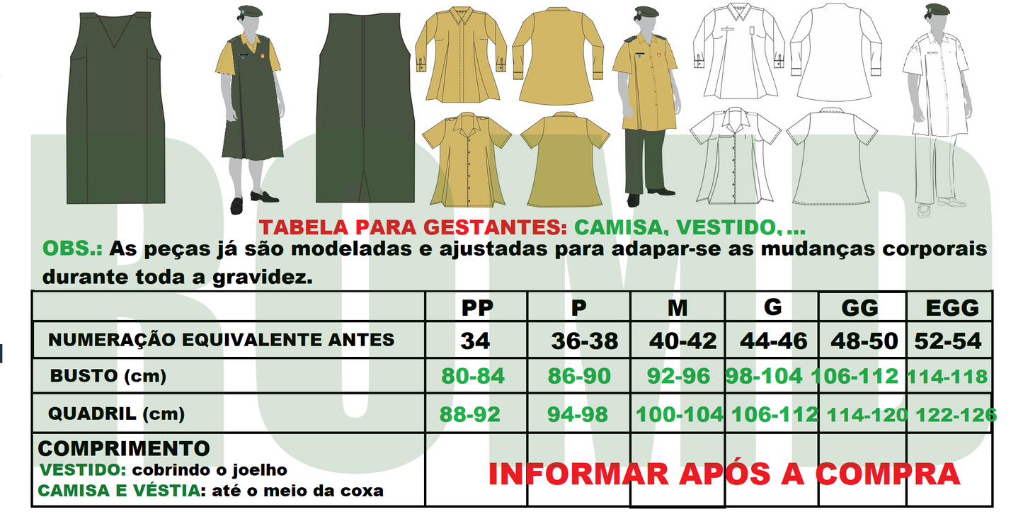 UNIFORME GESTANTE EXÉRCITO: 4° Uniforme de Gestante VESTIDO E CAMISA GESTANTE